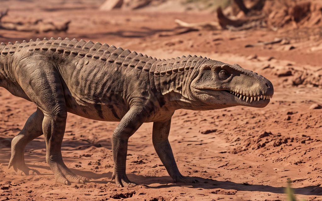 Artist's reconstruction of a large crocodile cousin that walked on land with upright legs, a top predator about 235 million years ago.