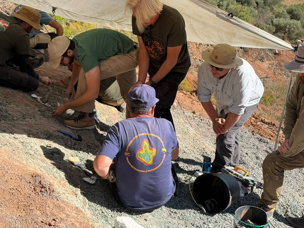 6 team members crouching and standing over a gray green rock slope under a white tarp