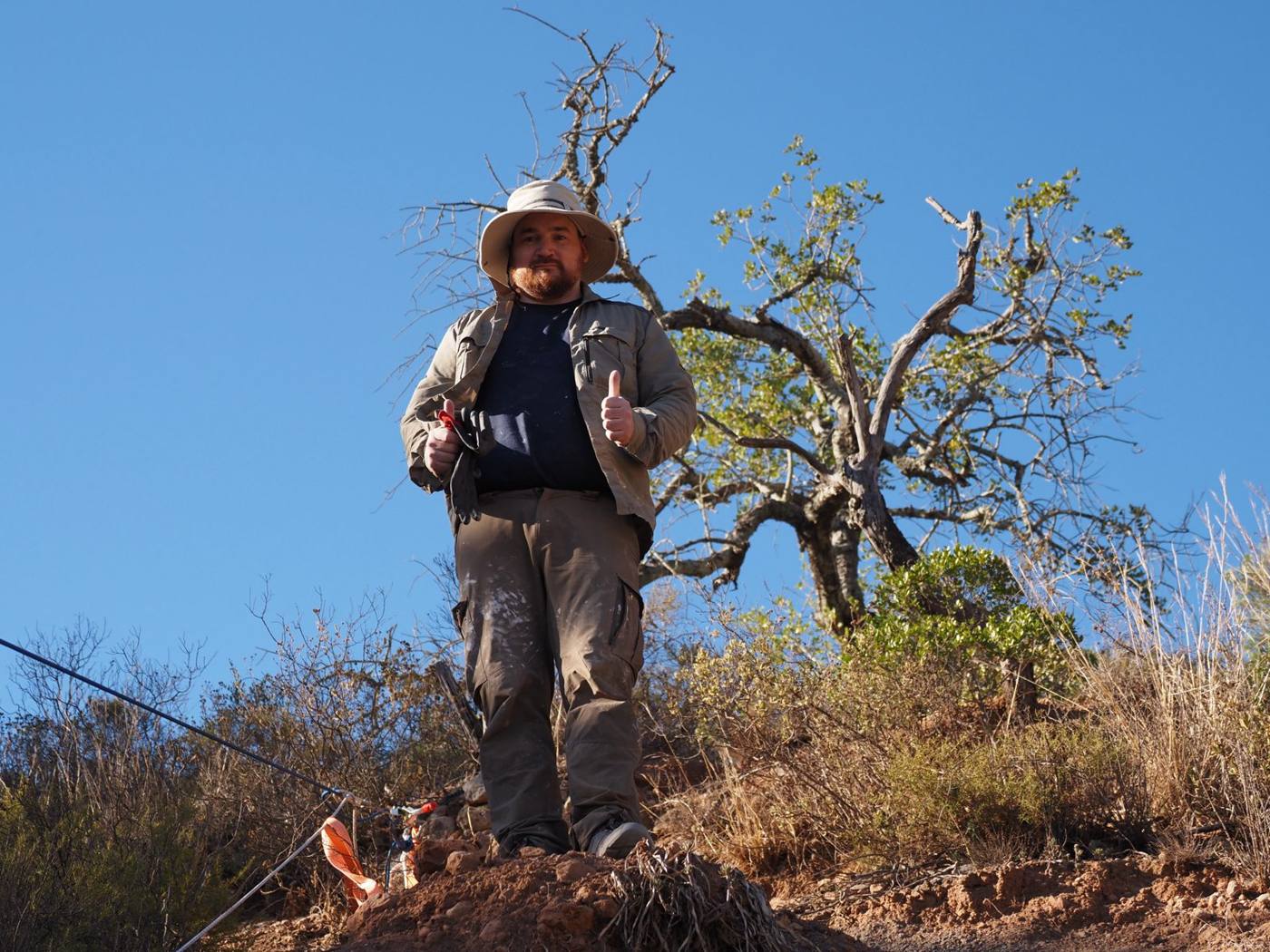 A bearded man in a sun hat giving a thumbs up on a ridge, with a gnarled tree and blue sky behind him