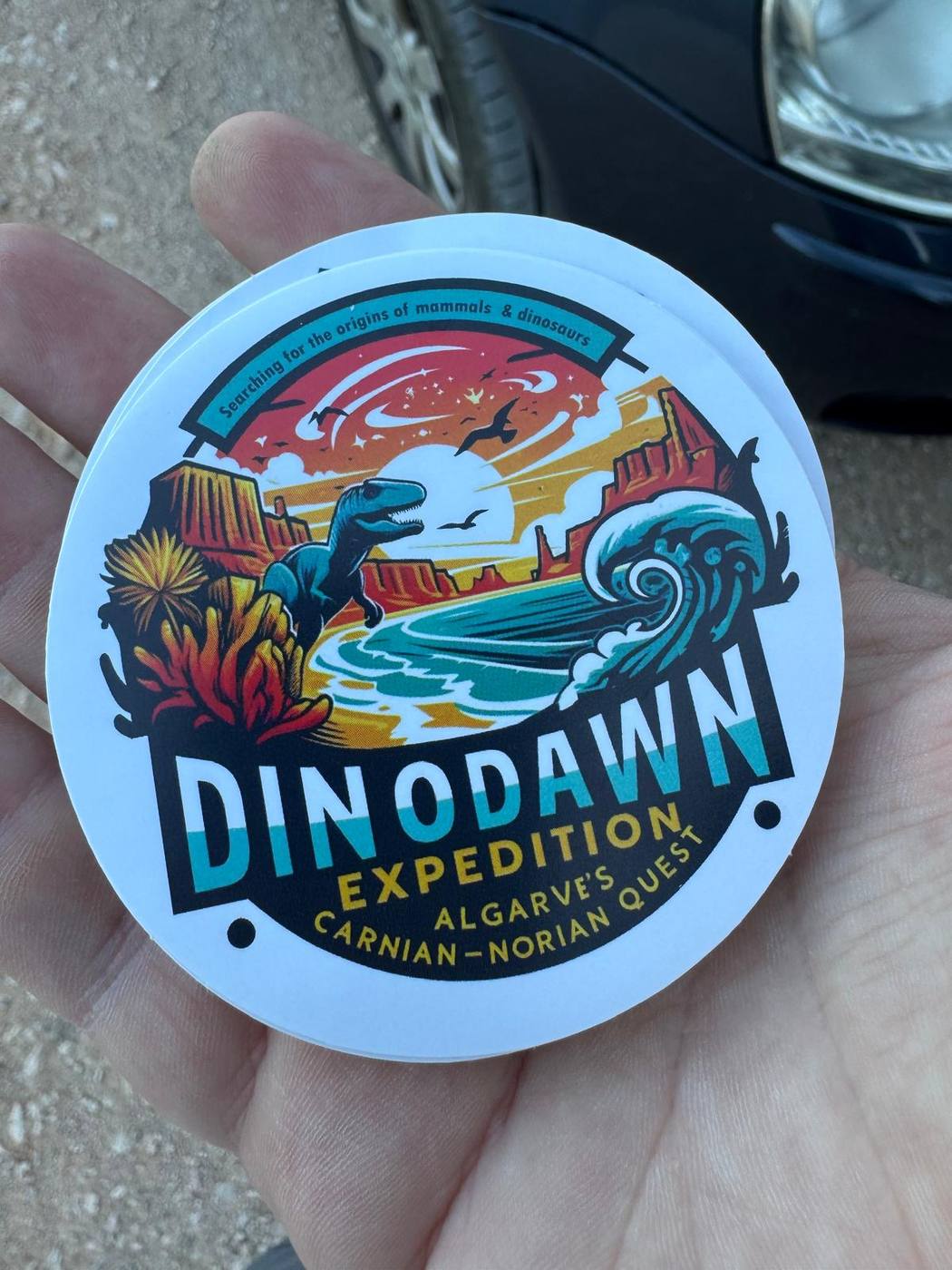 A hand holding a stack of round DinoDawn Expedition stickers