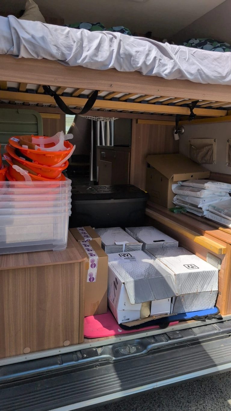 Field supplies packed in the back of the team van