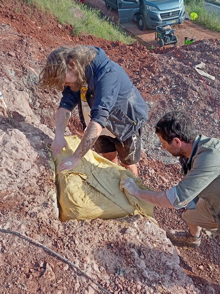 Team members preparing a plaster jacket on the slope