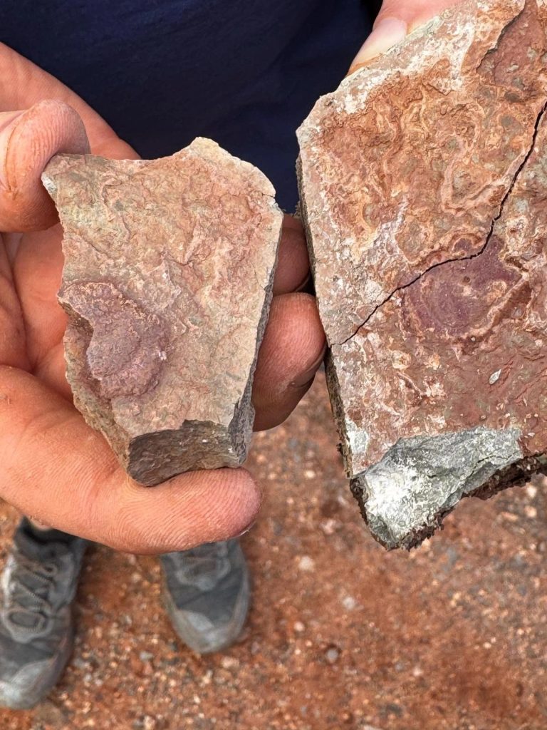 2 pieces of split red rock held up for a closer look