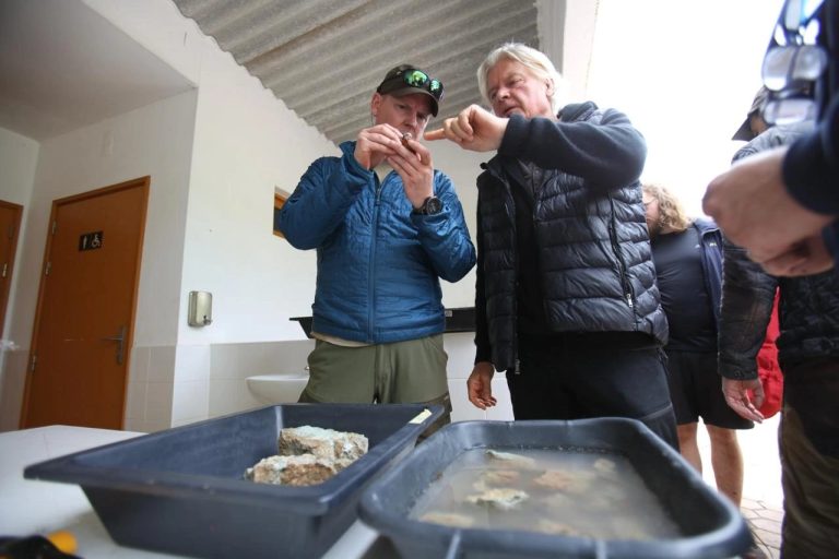 Expedition members examining finds in trays indoors