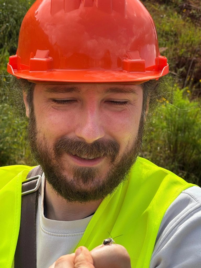 Team member in a hard hat looking at a find in hand