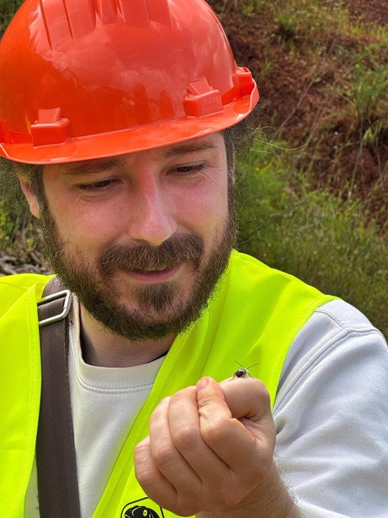 Team member in a hard hat holding a small find