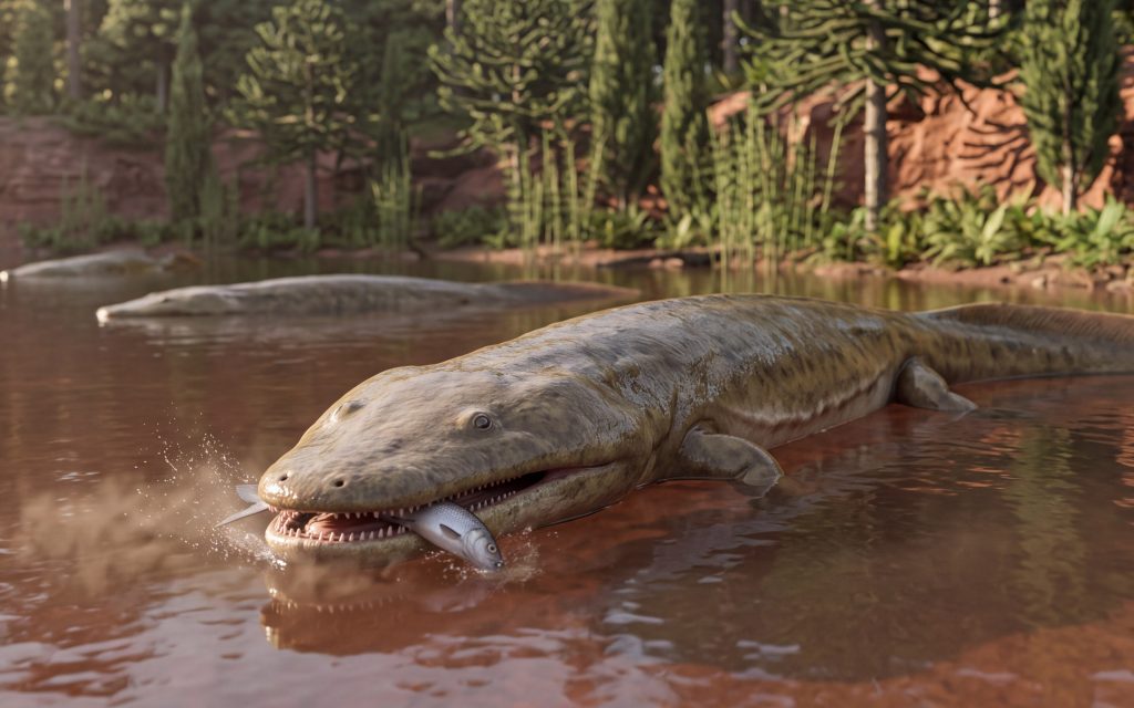 Artist's reconstruction of Metoposaurus algarvensis, the giant Triassic amphibian of the Algarve, catching a fish in a red lake.