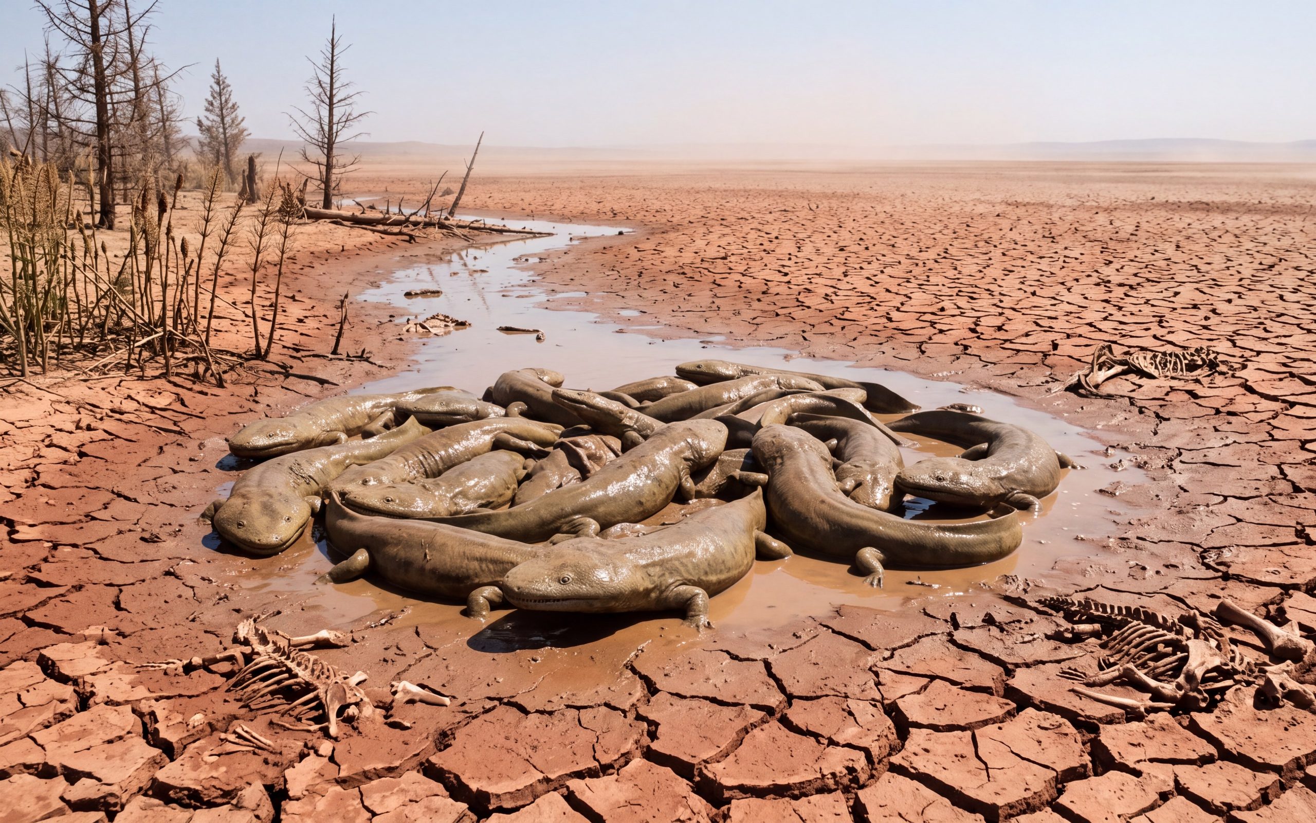 Artist's reconstruction of dozens of Metoposaurus crowded into the last pool of a drying Triassic lake.