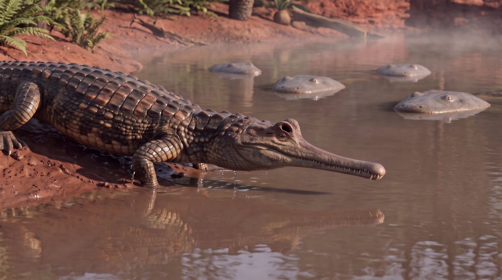 Artist's reconstruction of a phytosaur sliding into a Late Triassic lake in the Algarve while Metoposaurus amphibians float nearby