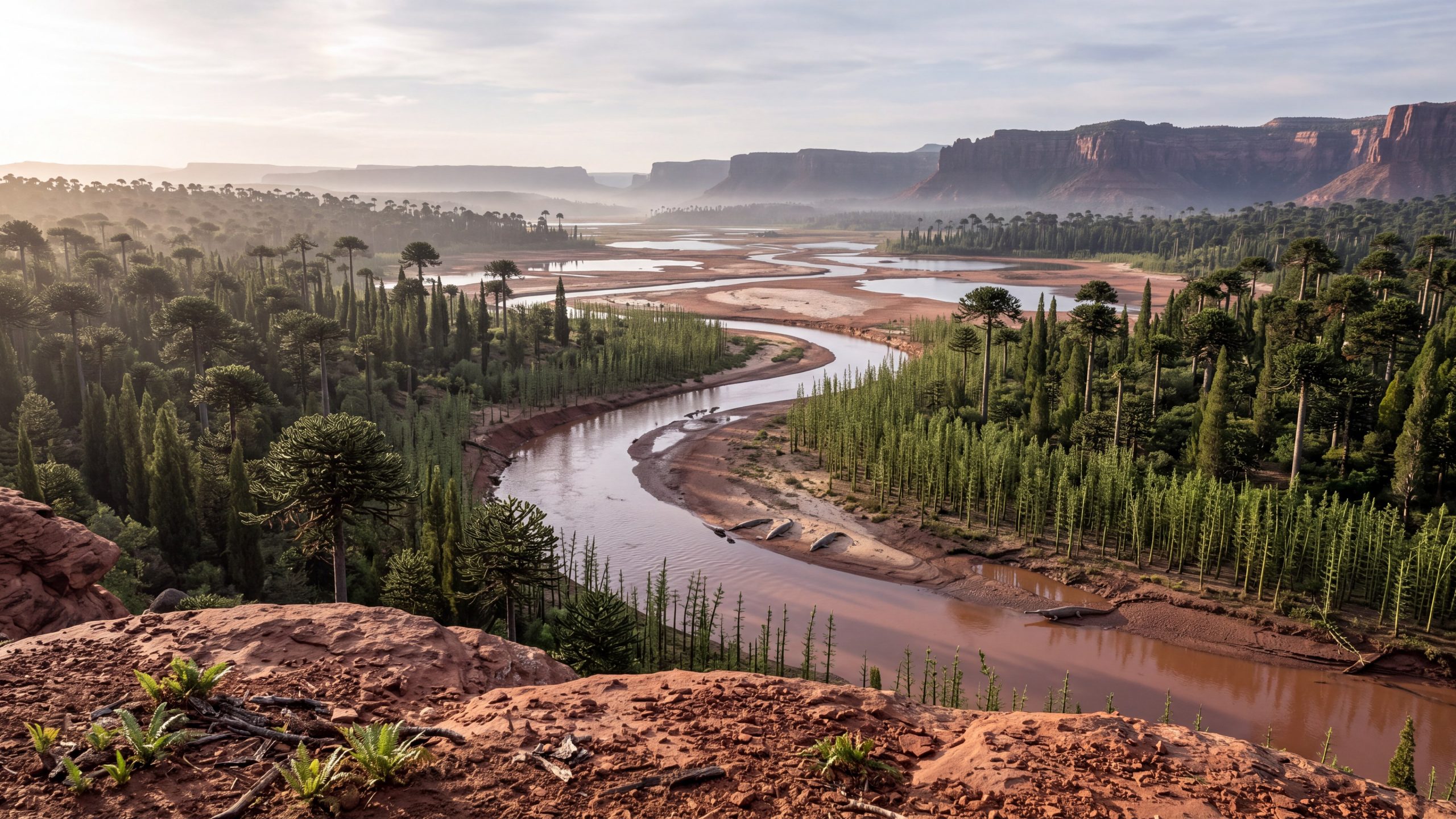 Artist's reconstruction of the Algarve about 230 million years ago, a red river valley of lakes, conifers and horsetails.