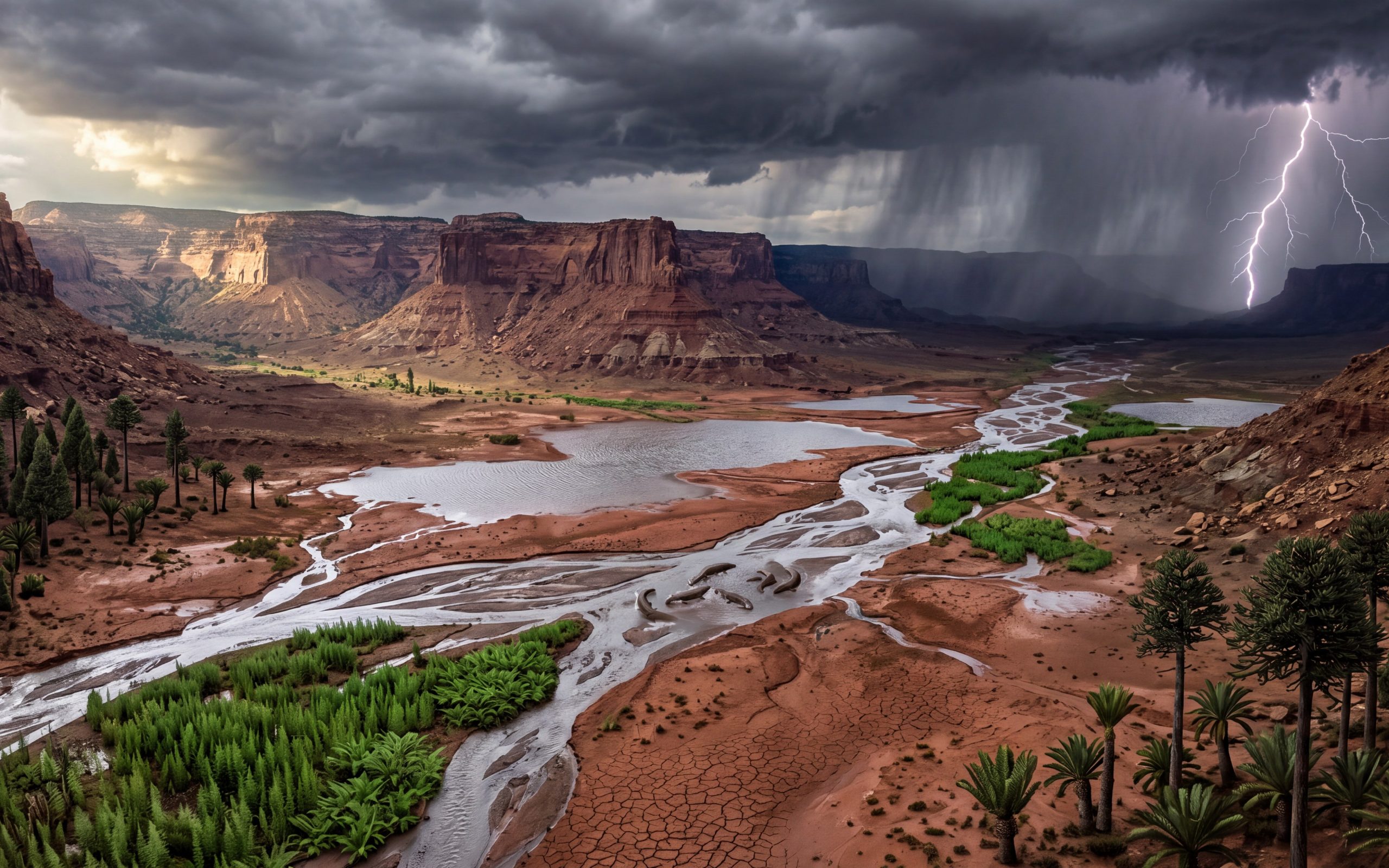 Artist's reconstruction of a monsoon storm flooding a red Triassic rift valley during the Carnian Pluvial Episode.