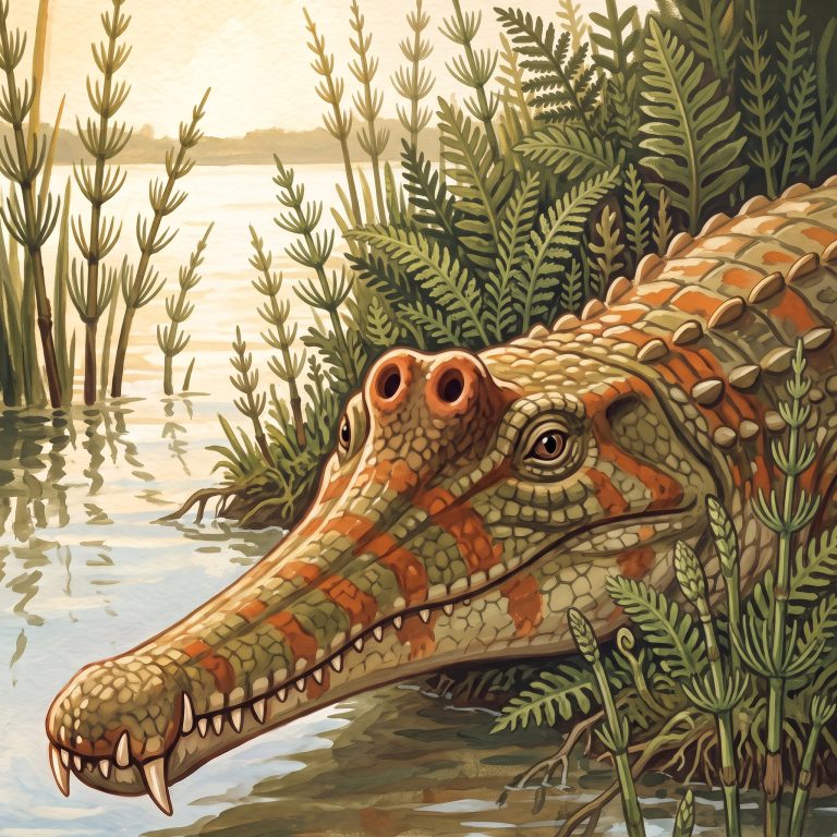 Painted close view of a phytosaur head showing the 2 nostrils on a bump between its eyes, among horsetails and ferns