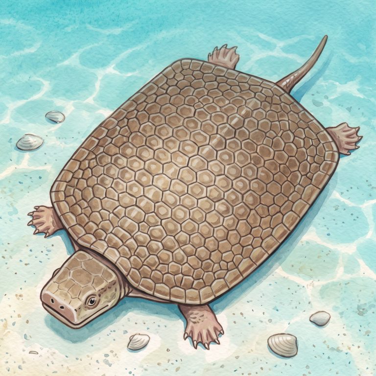 Painted illustration of a placodont seen from above, with a broad flat shell made of many small plates.
