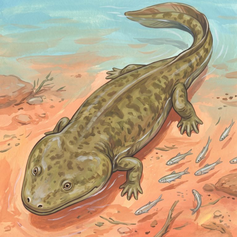 Painted illustration of Metoposaurus seen from above, showing its wide flat head and salamander body.