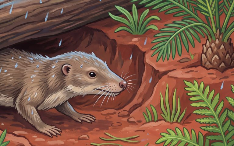 Painted illustration of a cynodont, a small forerunner of mammals that may have had fur, peeking out from under a log in the rain.