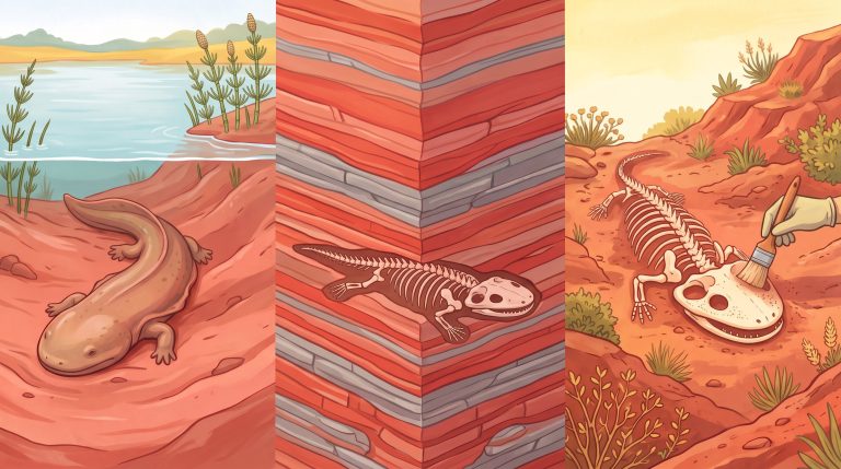 Painted diagram in 3 steps: an amphibian sinks into lake mud, its skeleton lies under layers of rock, and a gloved hand with a brush uncovers it