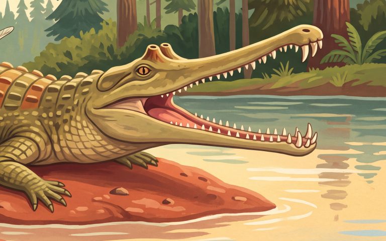 Painted illustration of a phytosaur resting on a red mudbank with its long jaws open and its nostrils up near its eyes.