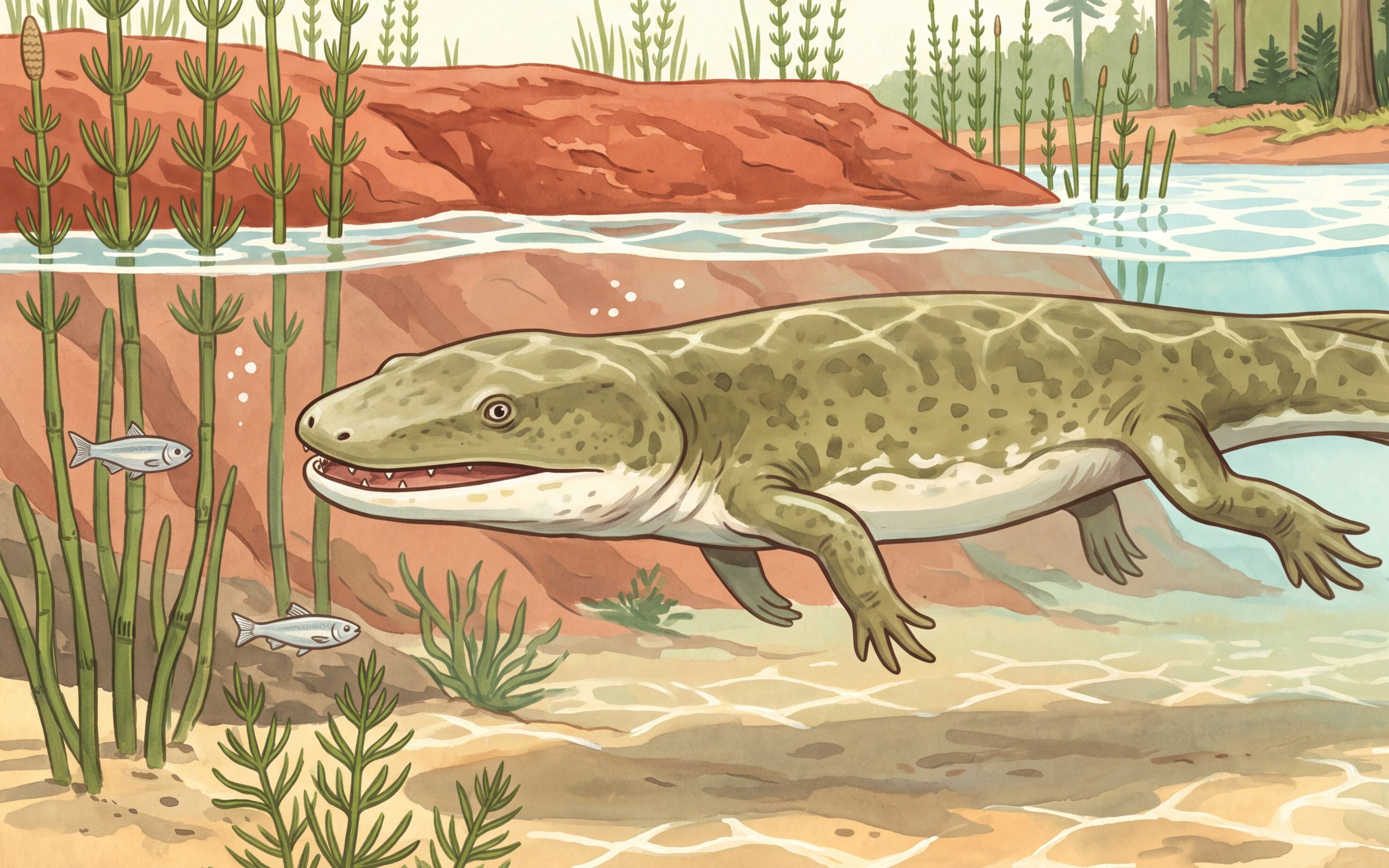 Painted illustration of Metoposaurus, the super salamander, swimming under the surface of a Triassic lake with small fish.