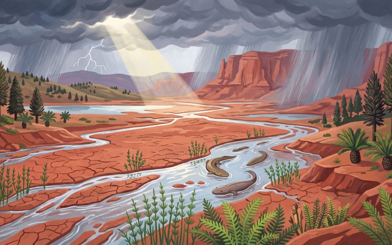 Painted illustration of a rainstorm filling the rivers of a red Triassic valley where giant amphibians swim.