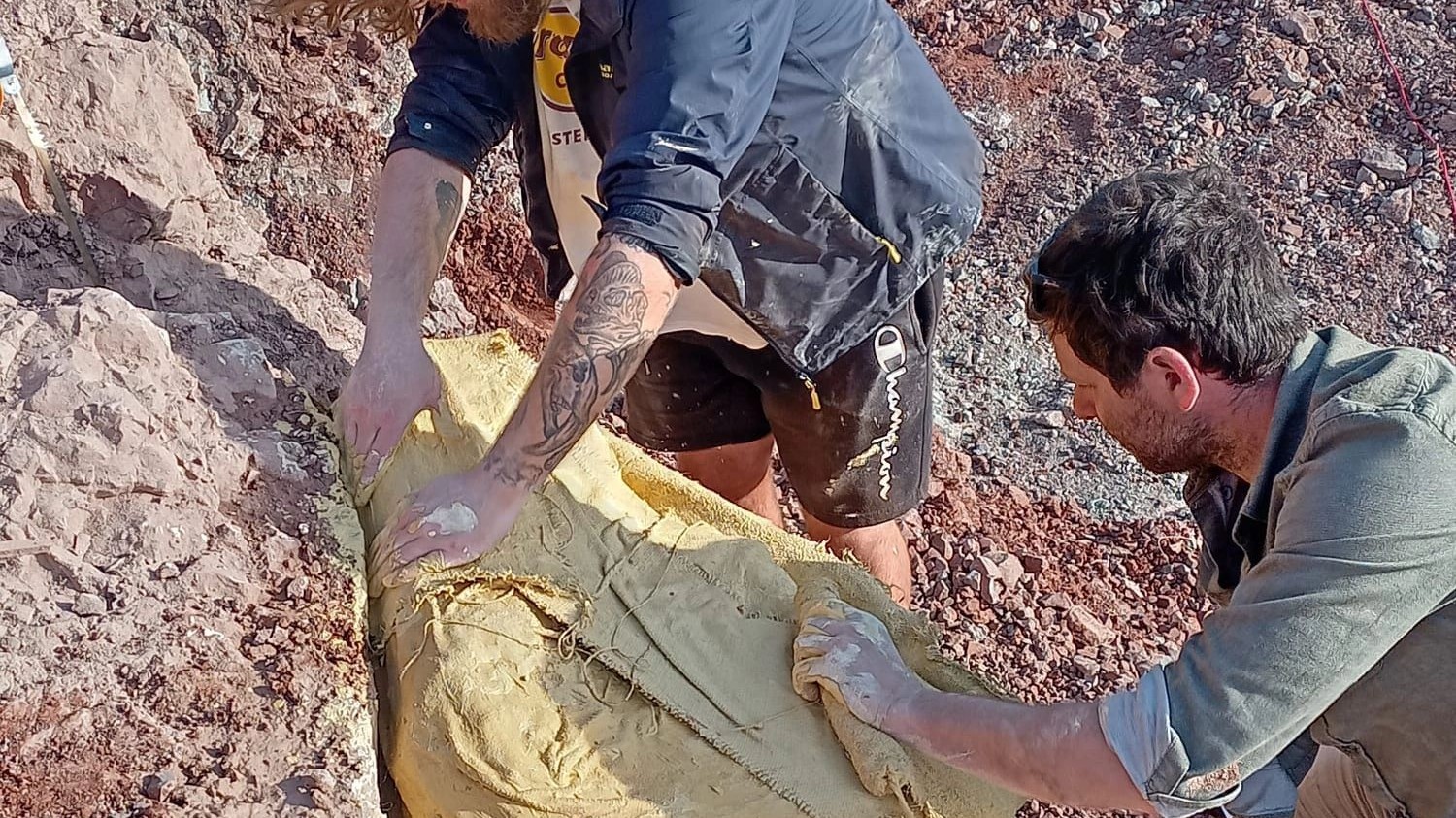 Team members preparing a plaster jacket around a fossil block in red Algarve rock.